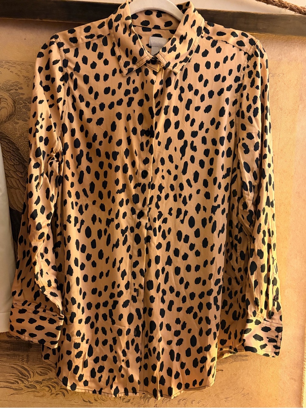 * Chicos Leopard Spot Animal Print Button-Up Blouse Camel & Black SZ 1 = Medium